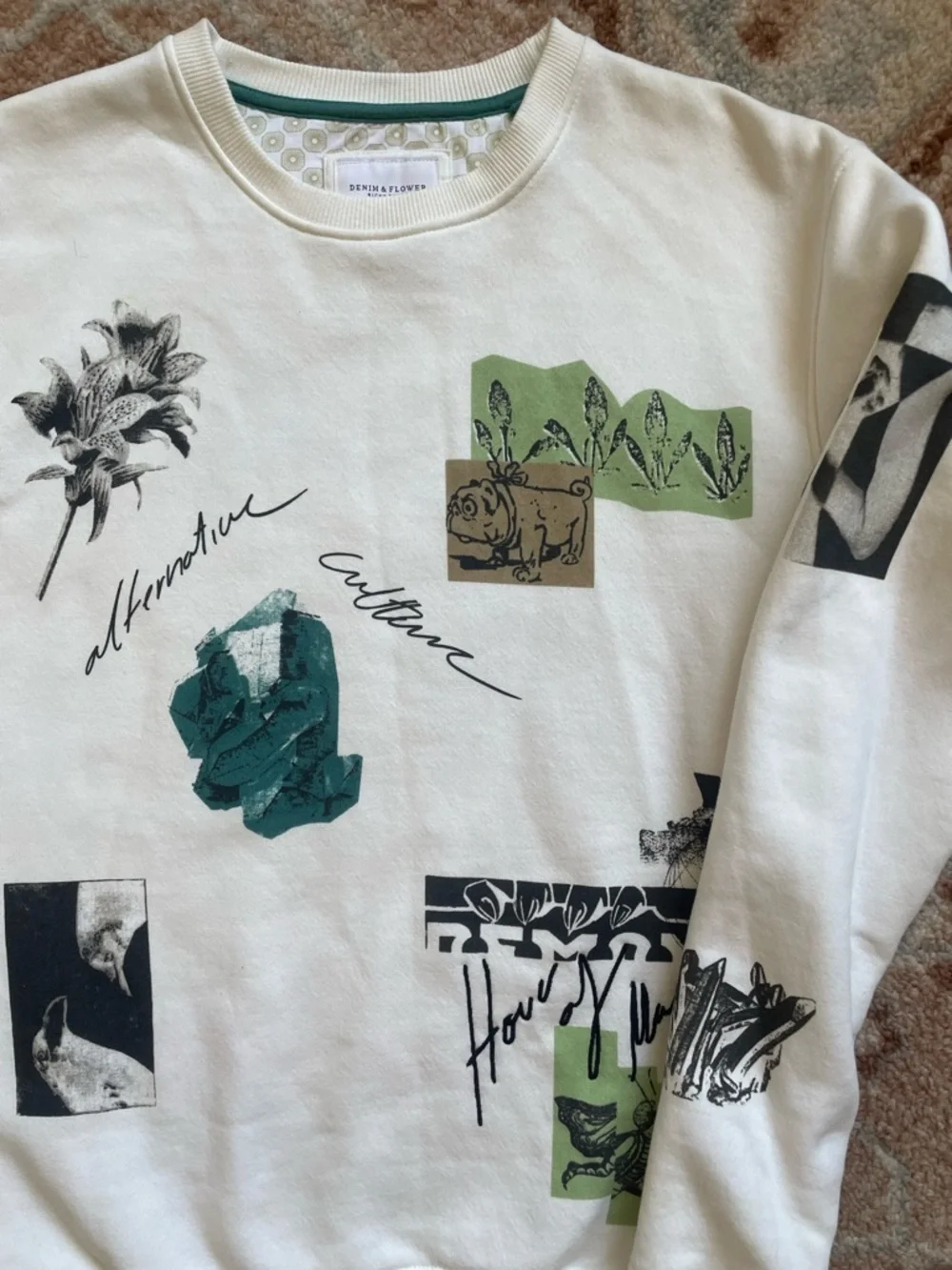 Denim & Flower White Crewneck Sweatshirt with Green Graphic Accents